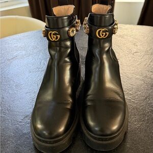 Gucci Black Ankle Boots with Gold Accents